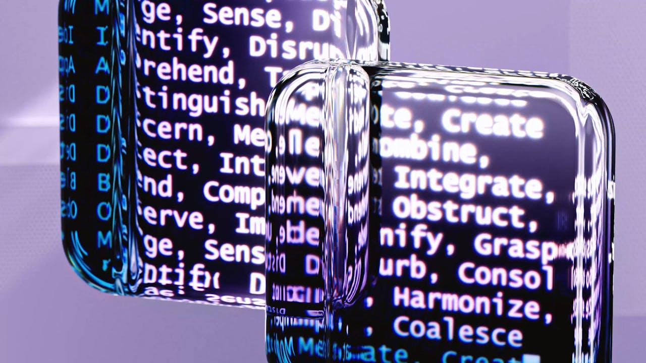embark Abstract glass surfaces reflecting digital text create a mysterious tech ambiance.